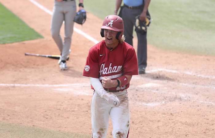 Alabama baseball player Jim Jarvis (10) celebrates against Kentucky at Sewell-Thomas Stadium in Tuscaloosa, AL on Sunday, Mar 26, 2023.